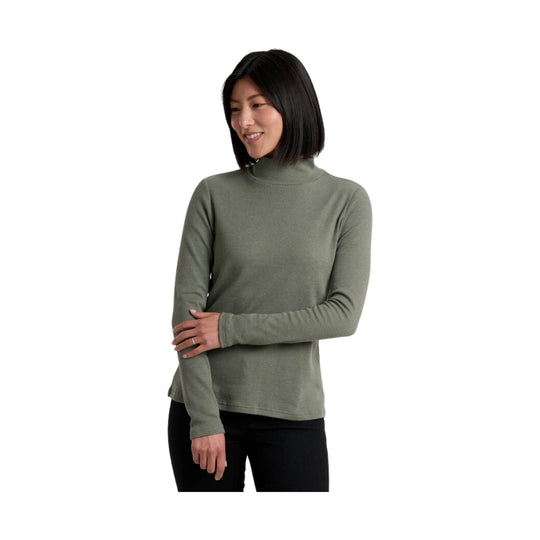 Olive green ribbed mock neck long sleeve shirt on a model