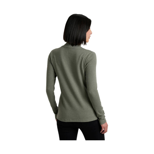 Olive ribbed long-sleeve mock neck top shown from the back