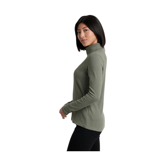 Olive-green ribbed long-sleeve mock neck shirt shown in side view