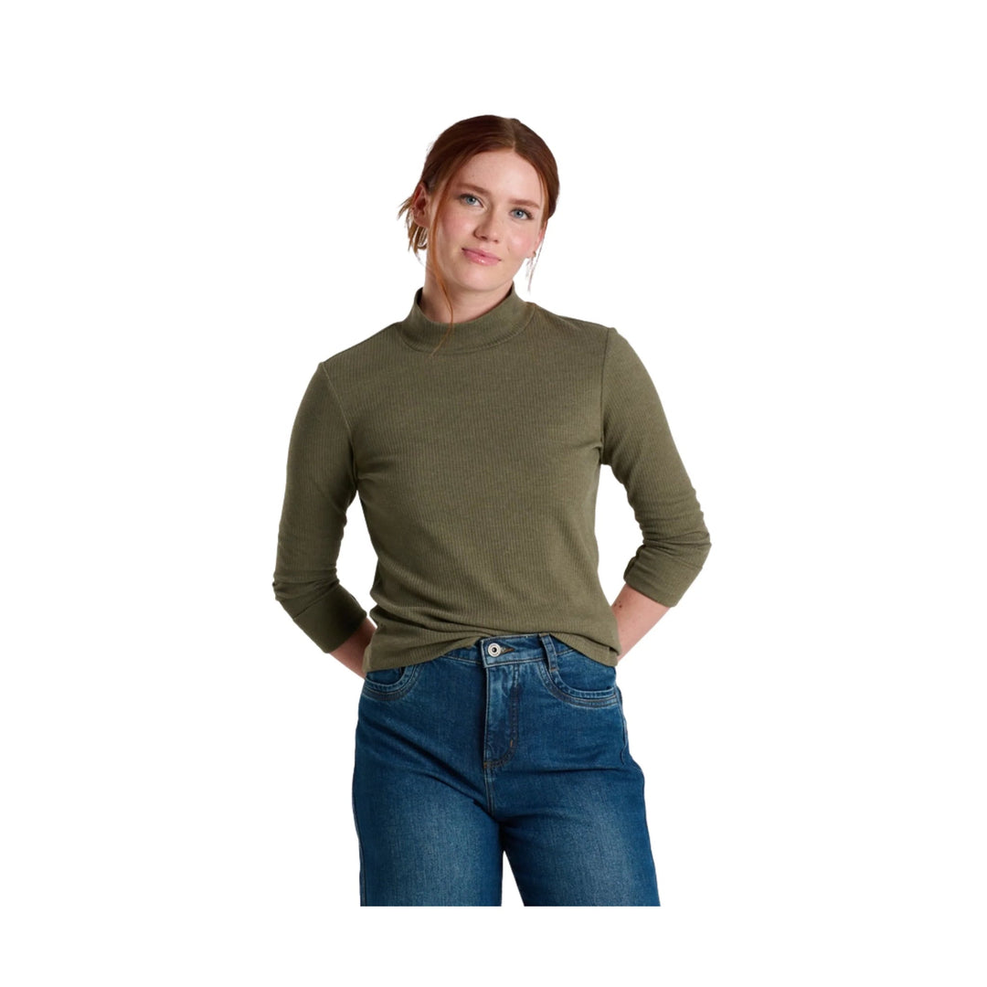 Olive ribbed long-sleeve mock neck top shown on a model
