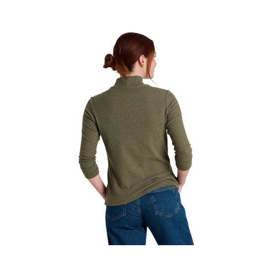 Olive ribbed long-sleeve mock neck top shown from the back with three-quarter sleeves
