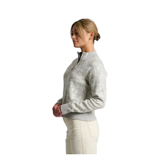 Light gray textured quarter-zip sweater shown in side profile with a high collar