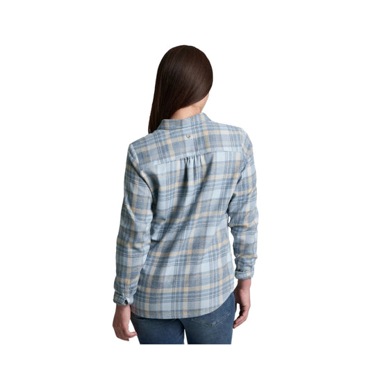 Light blue plaid women’s button-up flannel shirt shown from the back