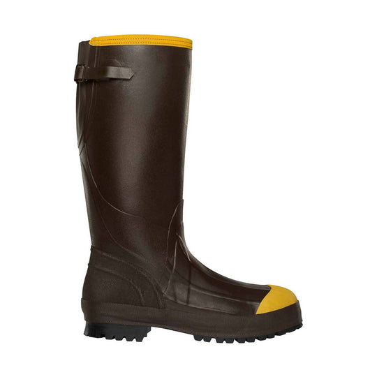 Brown rubber boot with yellow trim on a white background