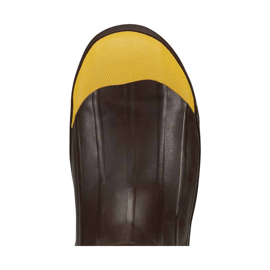 brown boot with a yellow toe on a white background
