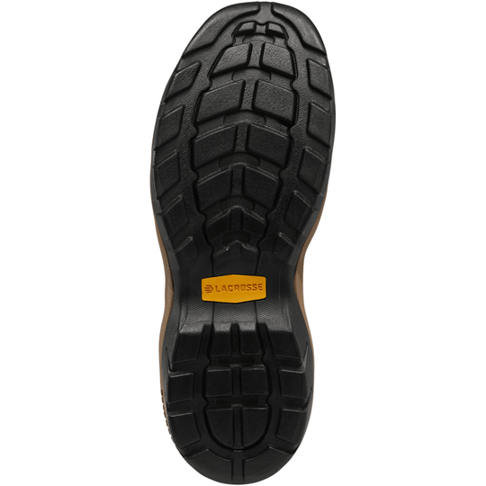 Black lugged boot outsole with a yellow LACROSSE label