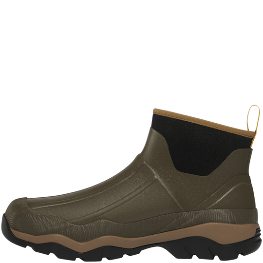 Olive and black mid-height rubber boot with tan trim and pull tab