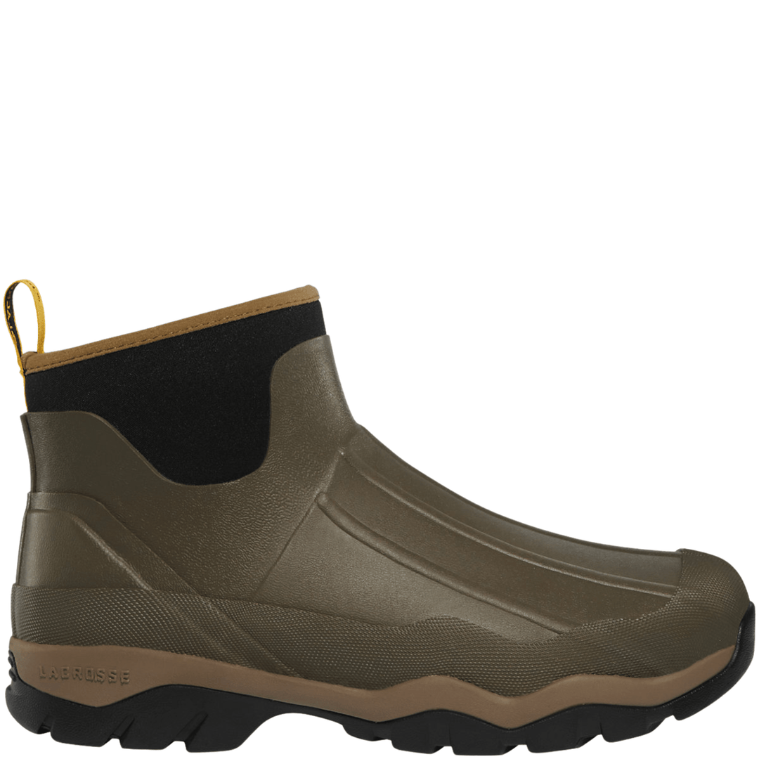 Olive pull-on rain boot with black neoprene shaft, tan trim, and lug sole