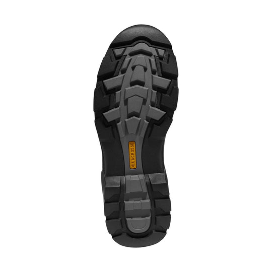 Black rugged boot outsole with deep lugs and a small orange Lacrosse mark