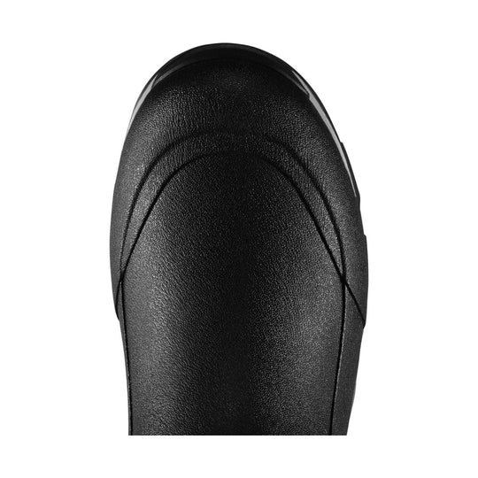 Black textured boot with rounded toe and reinforced front seam, top view