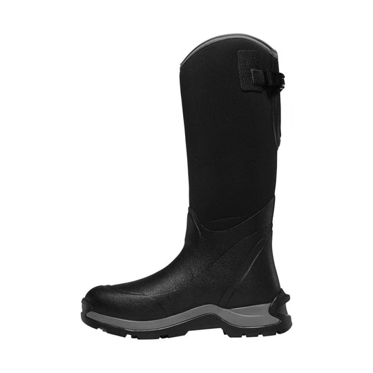 Black tall insulated boot with a gray lugged sole and side buckle strap