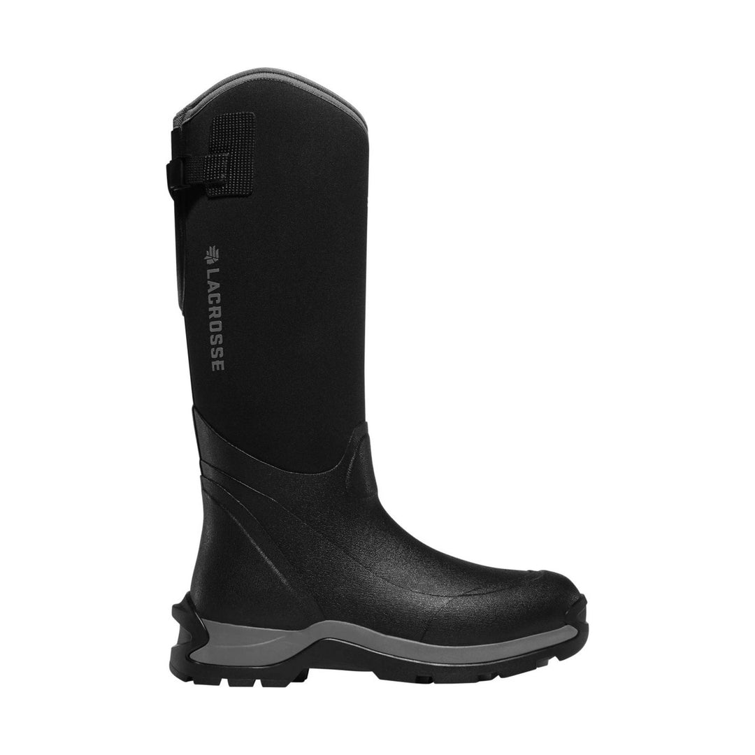 Black tall insulated rubber boot with gray sole and vertical Lacrosse logo