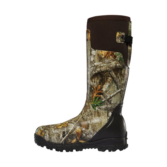 Tall camouflage rubber boot with a black treaded sole and brown upper cuff