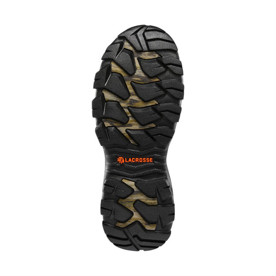 Black boot outsole with deep tread and orange Lacrosse logo