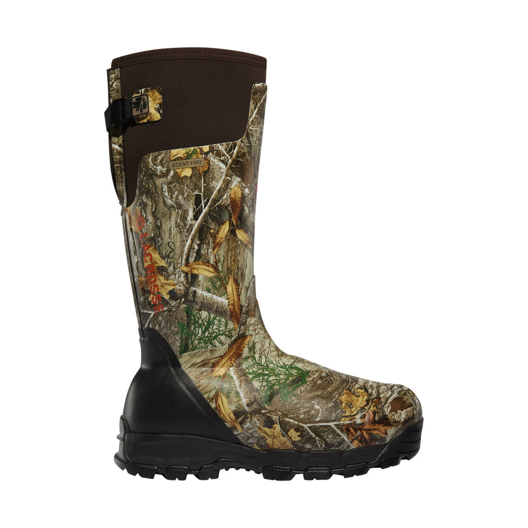 Knee-high camouflage hunting boot with black rubber lower and brown upper cuff