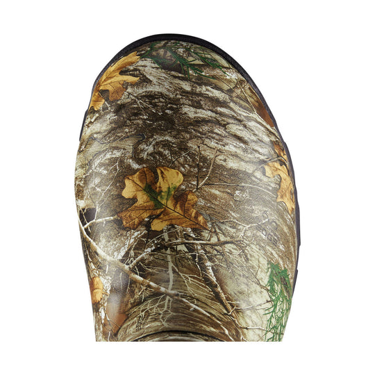 Tall camouflage rubber boot with a Realtree-style leaf and branch pattern