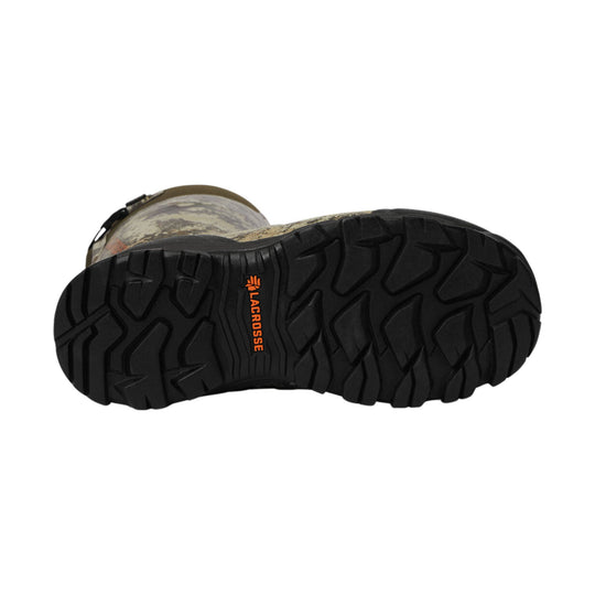 Camouflage insulated boot outsole with deep black lug tread and LACROSSE marking