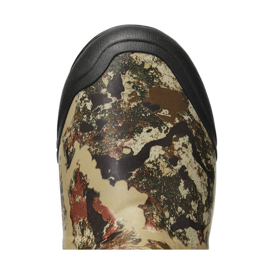Tall insulated boot with black rubber toe and camo shaft
