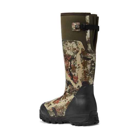 Tall camouflage hunting boot with black rubber lower and ankle strap