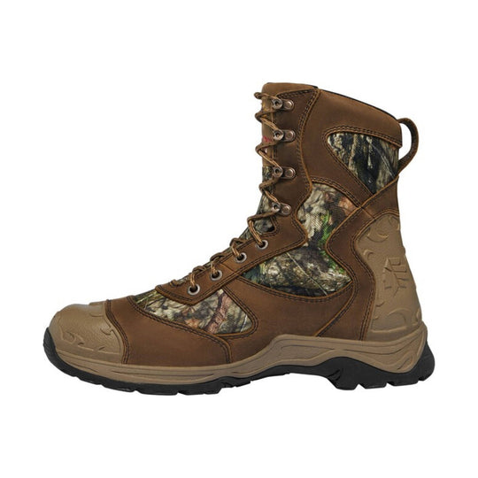 Brown and camouflage insulated lace-up hunting boot with rubber toe cap and black tread sole