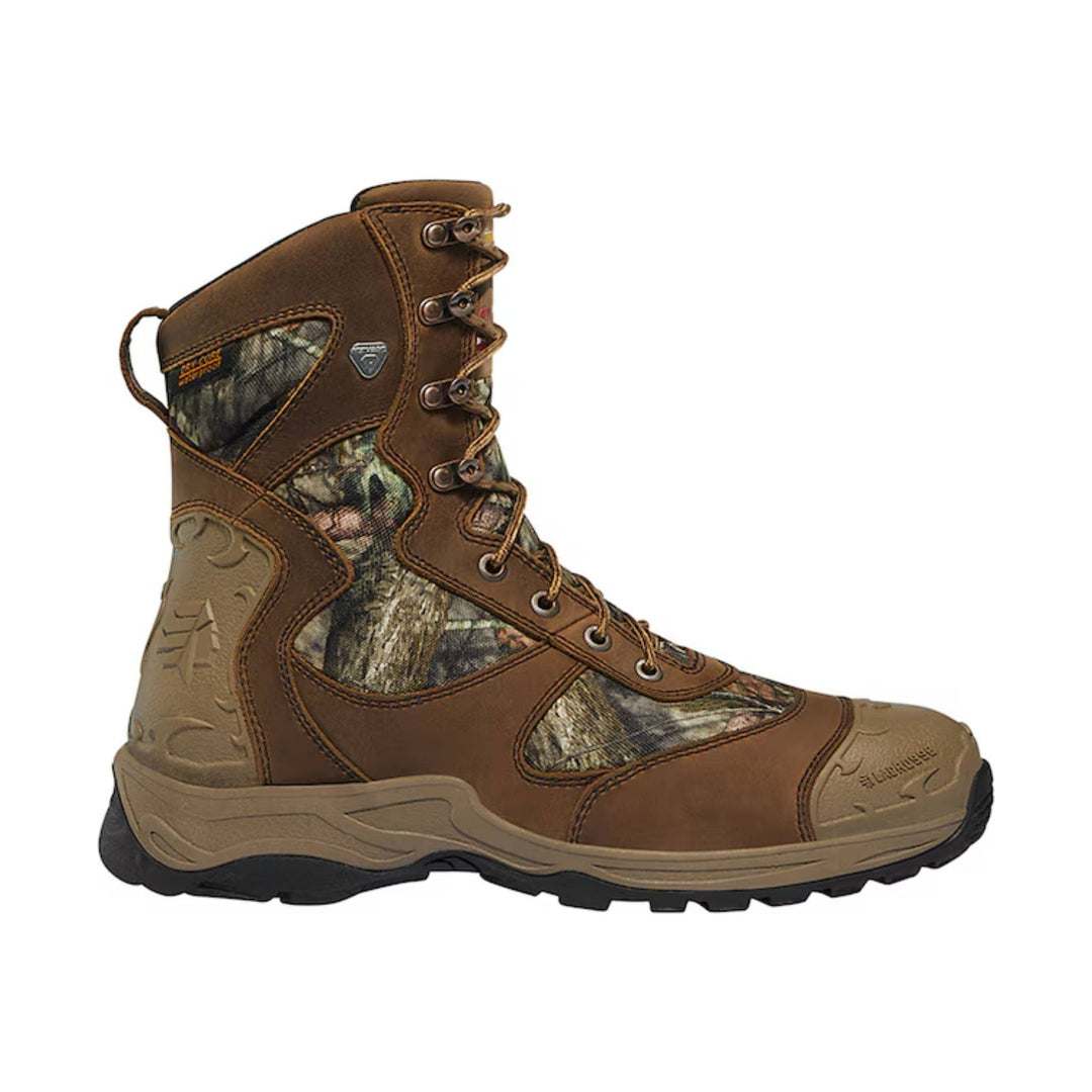 Brown and camouflage insulated lace-up hunting boot with rugged black sole