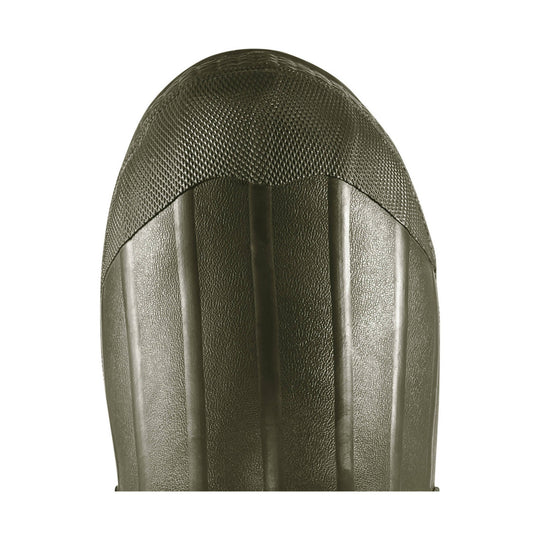 Olive green insulated rain boot toe with textured upper and vertical molded ridges