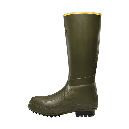 Olive tall rubber rain boot with a yellow top trim and rugged treaded sole