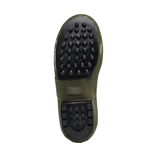 Olive rubber boot sole with black tread lugs and heel grip pads