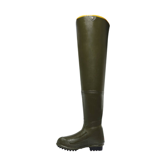 Tall olive-green hip boot with a yellow top trim and rugged treaded sole, side view