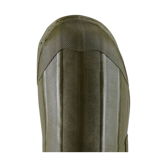 Olive green waterproof boot with a textured reinforced toe and raised center ridges