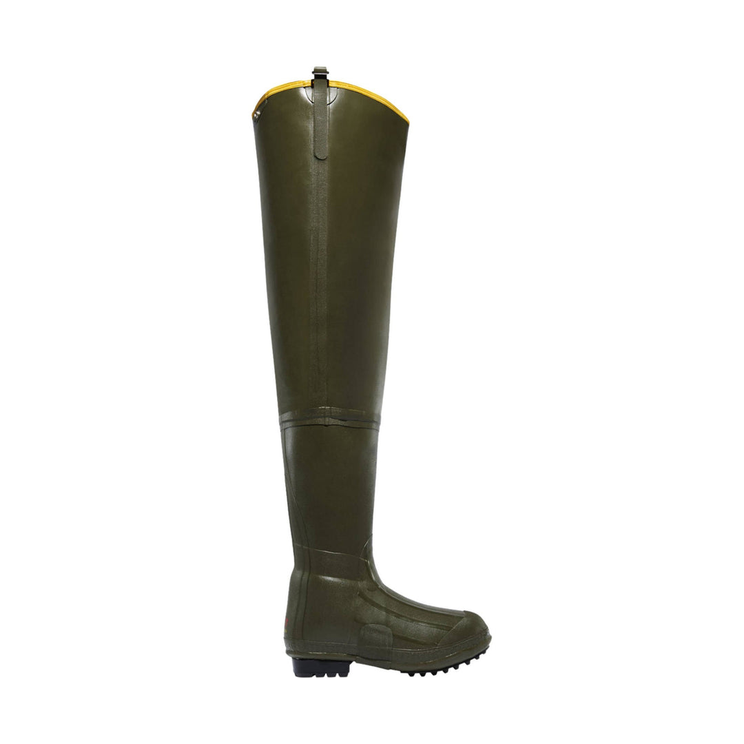 Olive green tall rubber boot with a yellow trim at the top