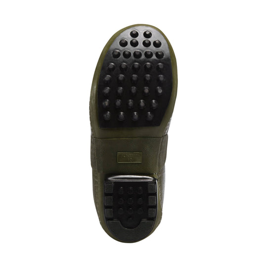 Green rubber boot sole with black lug and stud tread, viewed from below