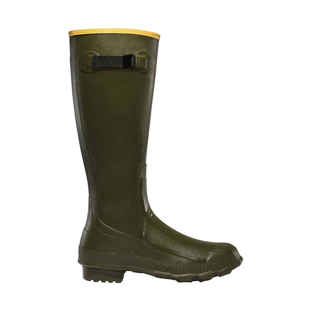 Green rubber boot with a yellow rim on a white background
