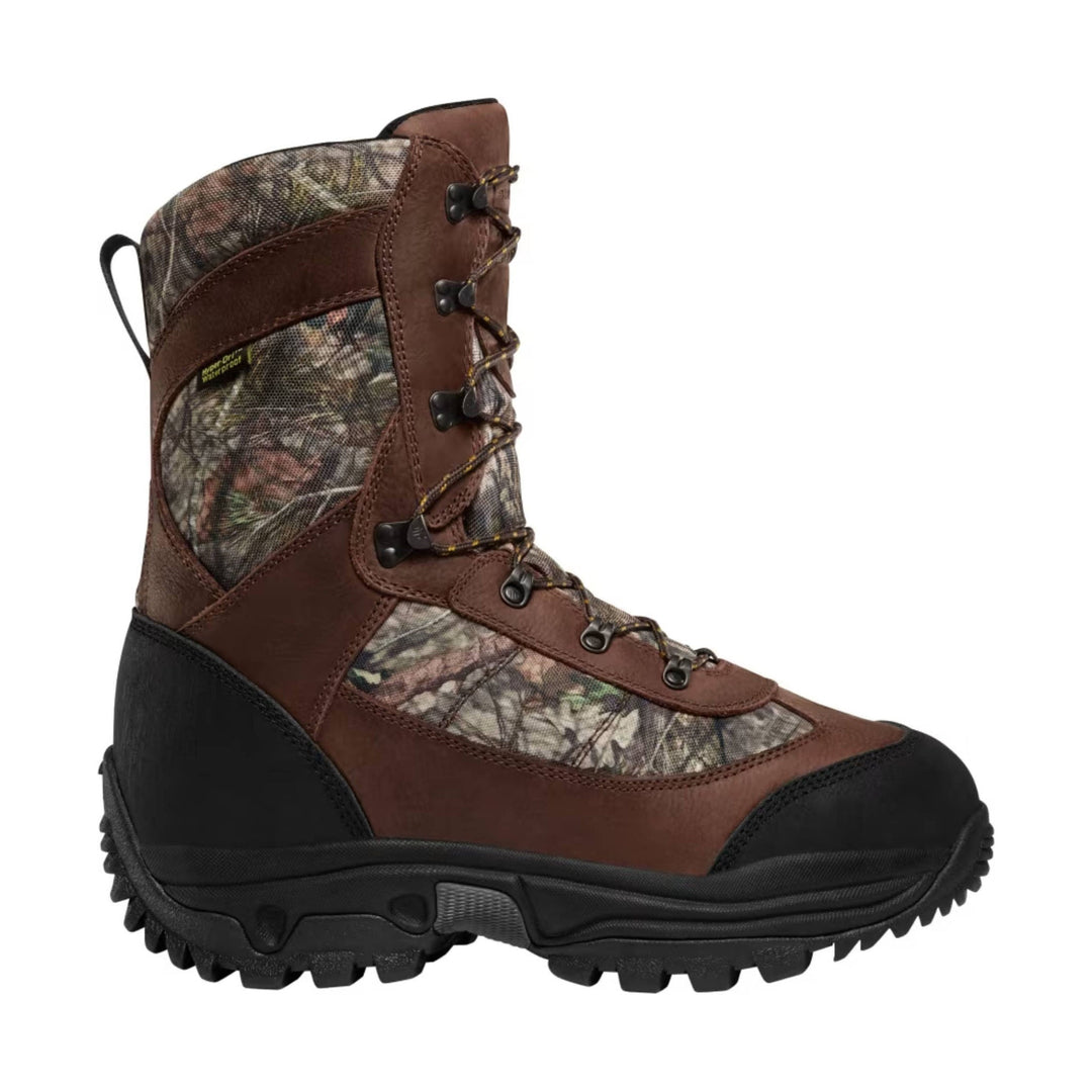 Brown and camo insulated lace-up hunting boot with black rubber sole