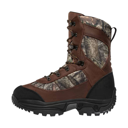 Brown and camo insulated lace-up hunting boot with black rubber toe and sole