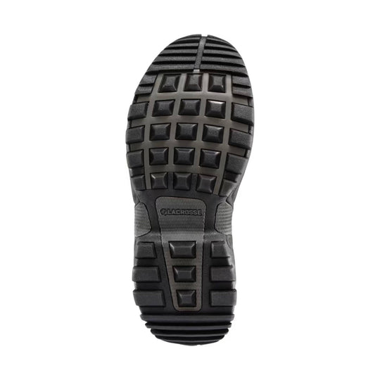 Black boot outsole with deep tread and LACROSSE branding