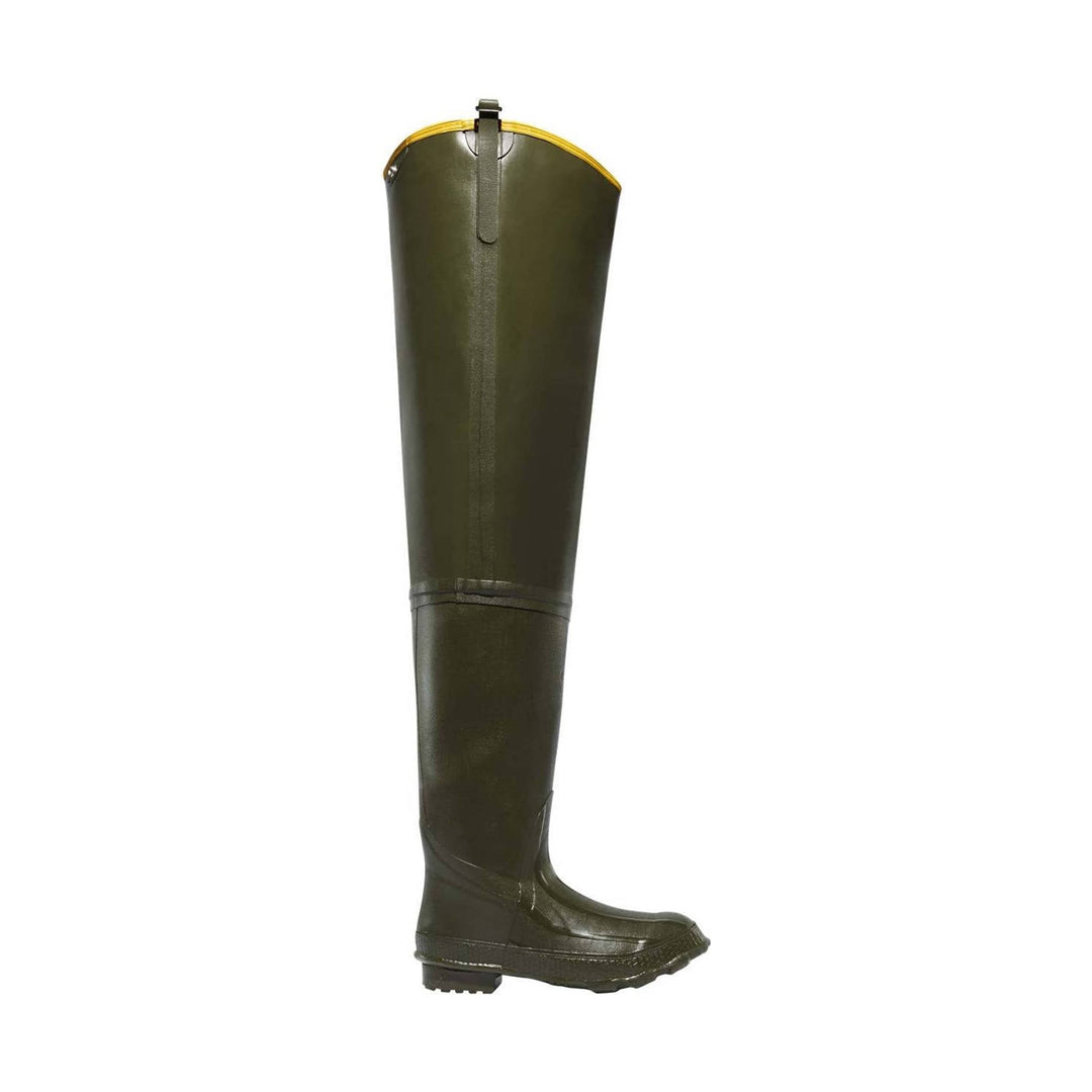 Green rubber boot with a yellow top on a white background