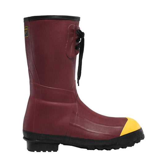 Red rubber boot with a yellow sole on a white background