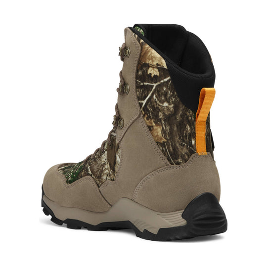 Camouflage insulated lace-up boot with tan suede panels and an orange pull tab