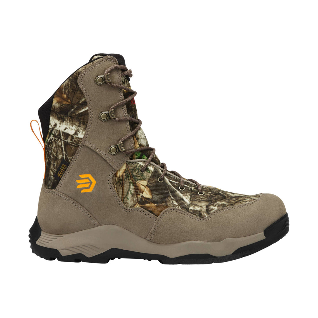 Tall insulated lace-up hunting boot with camouflage panels, tan suede overlays, and a black lug sole