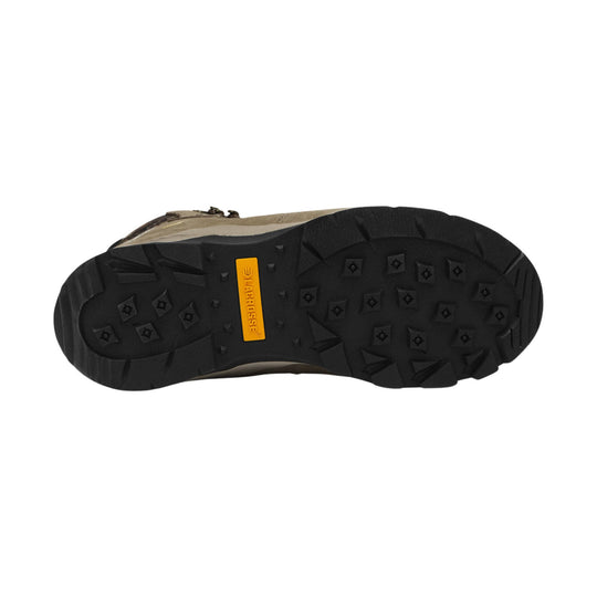 Black lugged boot sole with a yellow LaCrosse label