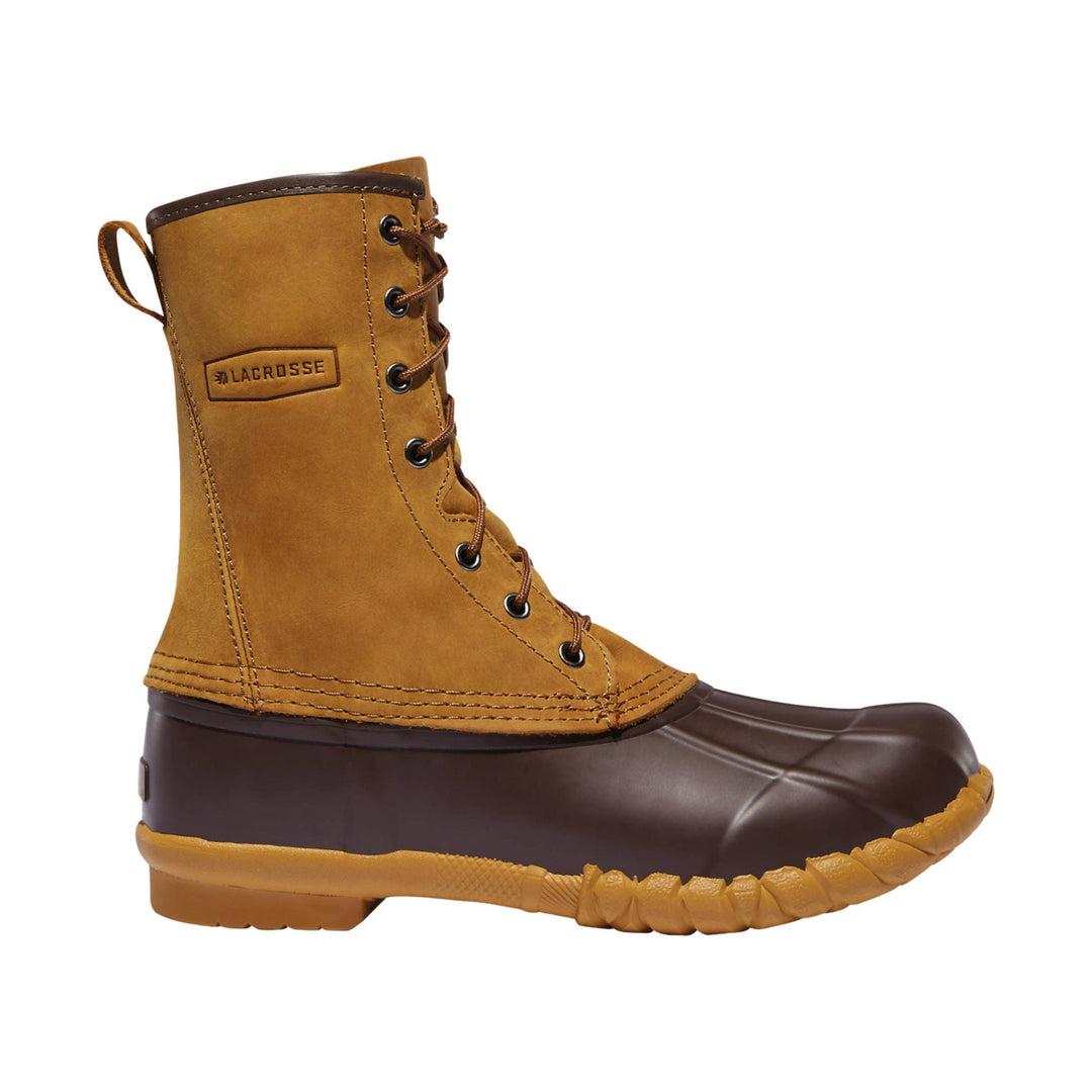 Tan and brown lace-up rain boot with rubber lower section and side pull loop
