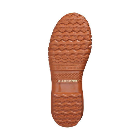 Brown boot outsole with deep tread and LACROSSE 10 marking