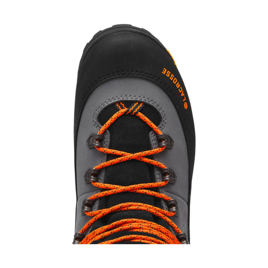 Black and gray insulated hiking boot with orange laces and visible LaCrosse branding
