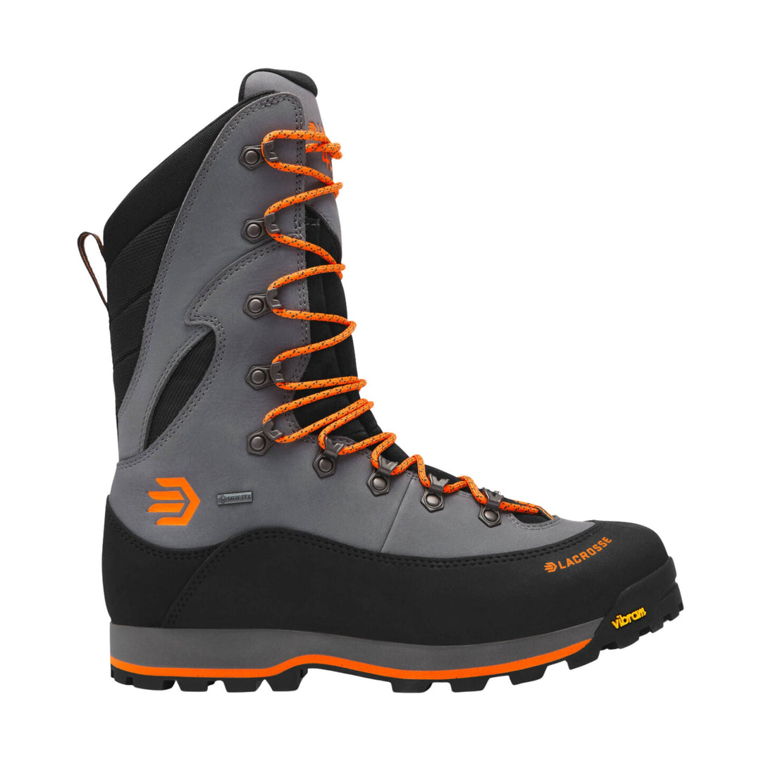Gray and black insulated hiking boot with orange laces and sole accents, side view