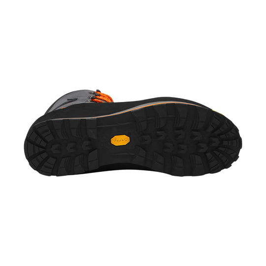 Black lugged boot sole with gray upper and orange laces