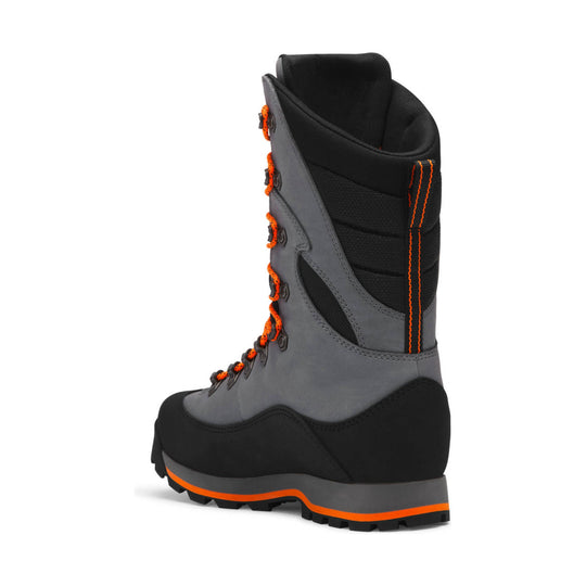 Gray and black insulated lace-up winter boot with orange stitching and orange-accented sole, side view