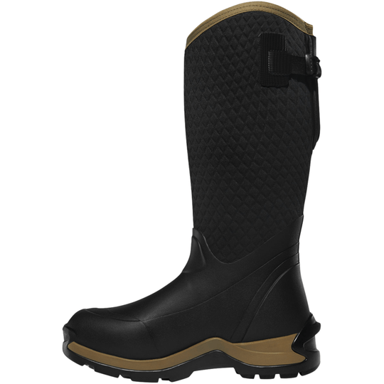 Black knee-high winter boot with tan trim and a rugged treaded sole