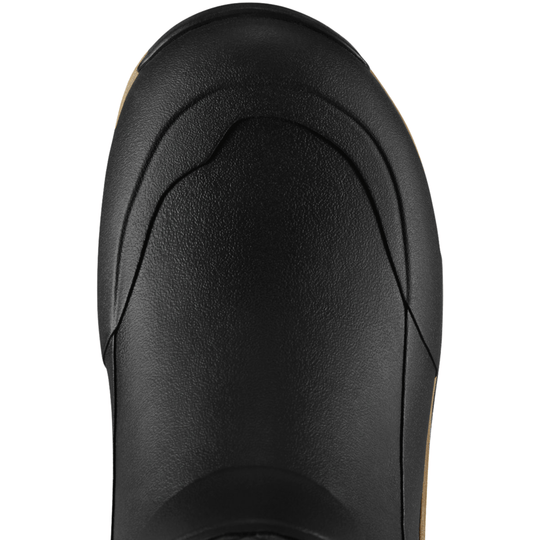 Black winter boot toe with tan side trim and textured leather finish, top-down view