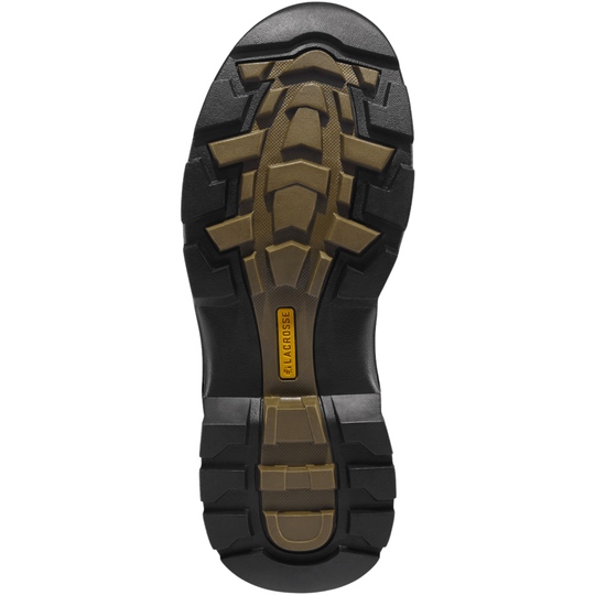 Boot sole with black tread, tan center section, and visible LACROSSE branding.